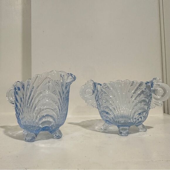 Vintage Blue Cambridge Glass Caprice Moonlight Blue Footed Sugar & Creamer 3” - Picture 10 of 11